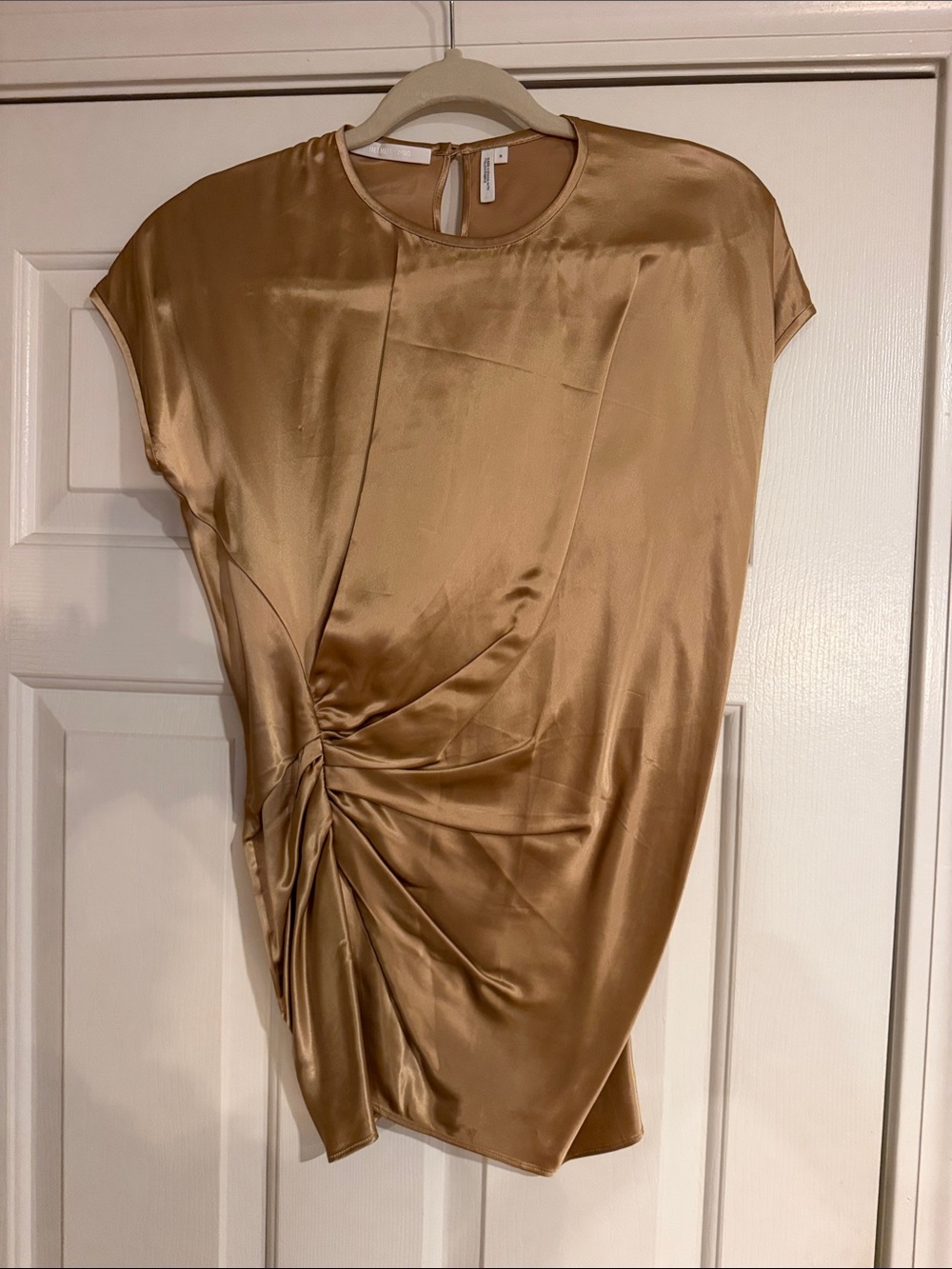 Helmut Lang Asymmetrical Satin Ruched Top in Gold-Tan